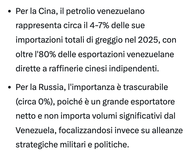 A leggere i giornali in questi giorni avevo capito che senza il petrolio Venezuelano Cina e Russia chiudono bottega.

E invece: