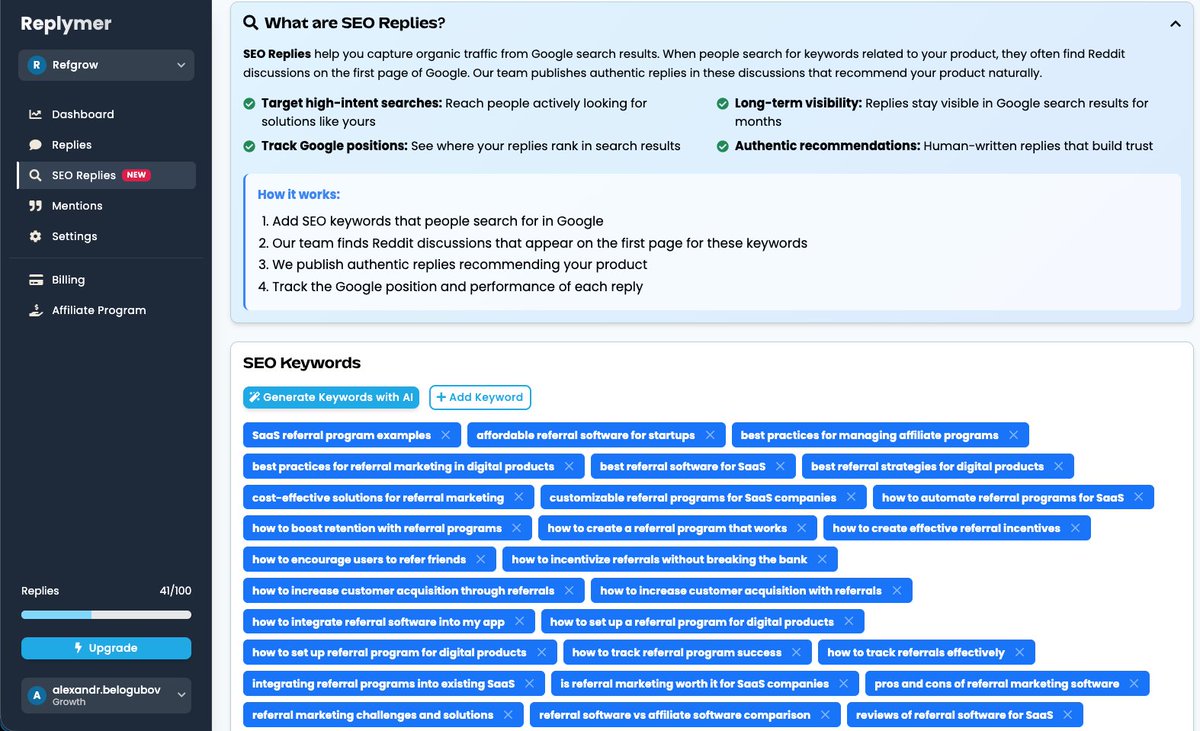 SEO is changing⚡

Just shipped SEO Replies in Replymer!

Now we don’t just reply to conversations.

We place your product inside Reddit threads that rank on Google.