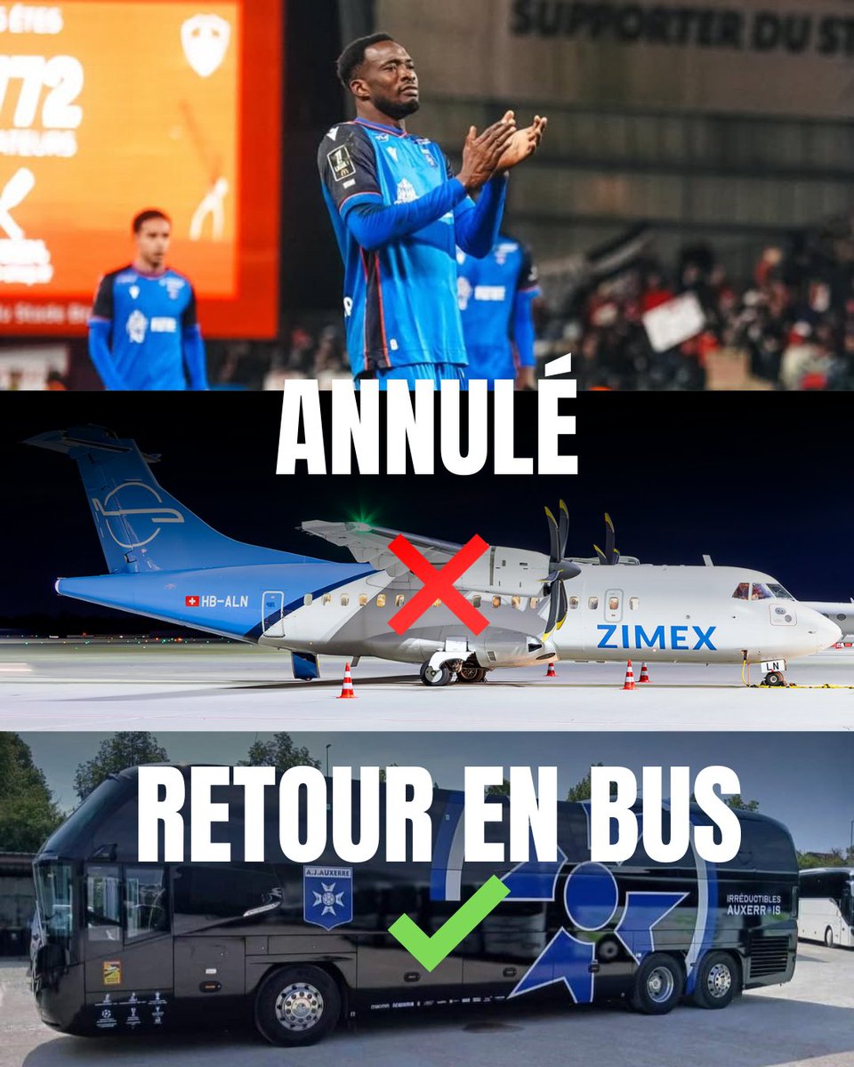 JetsLigue1's tweet image. 🔵 AJ AUXERRE

❌Suite à l'annulation de leur vol retour, les joueurs Auxerrois rentrent en Bourgogne... en bus. 🚌

🛣️ Un long périple de 9h environ.