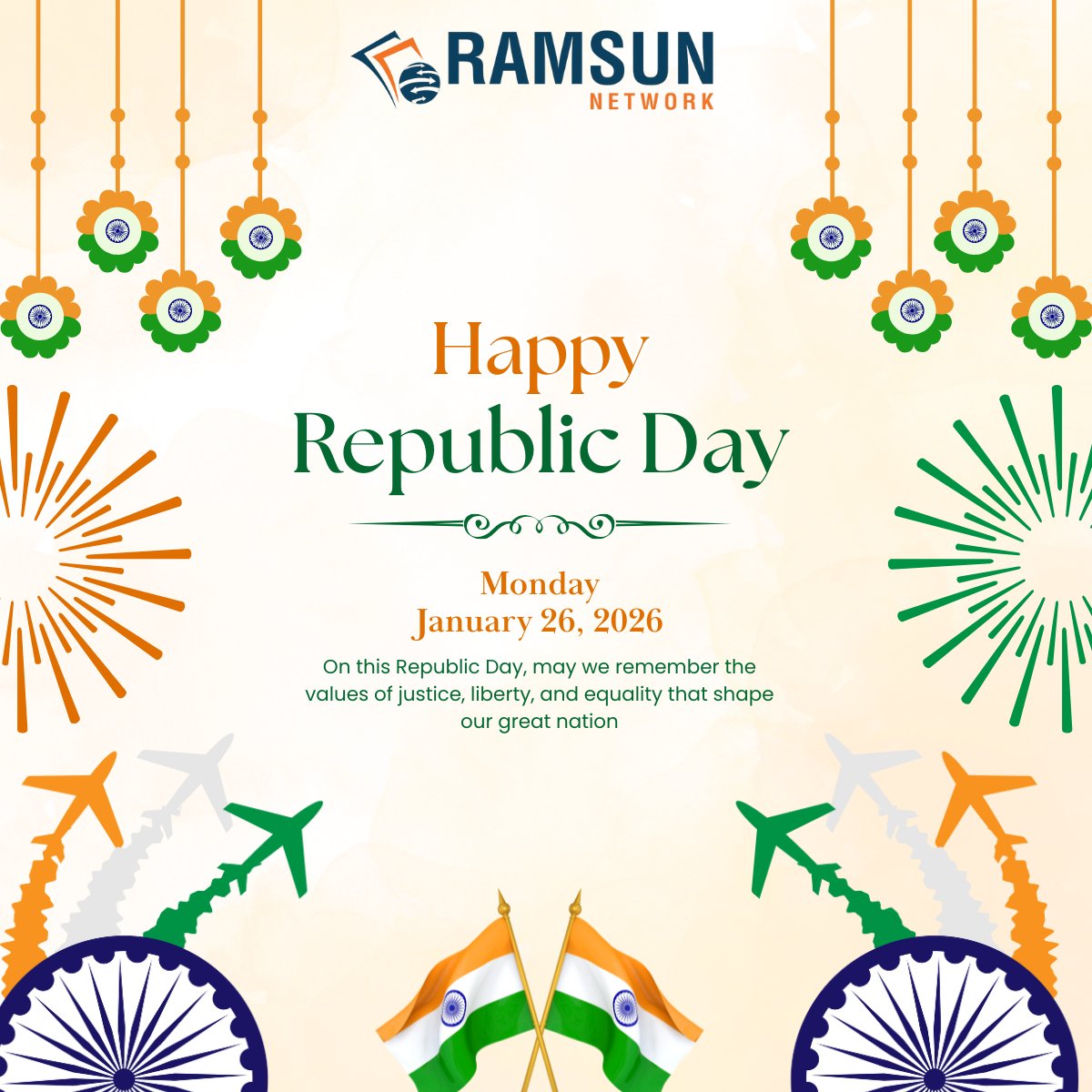NetworkRamsun's tweet photo. Happy Republic Day! 🇮🇳 Pride in justice, liberty &amp; unity. Ramsun Network salutes our nation. Jai Hind! #RepublicDay #RamsunNetwork https://t.co/kpRPuClQEd