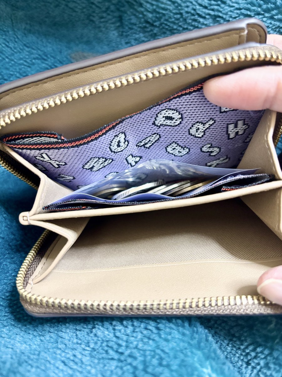 新しいお財布のコイン入れるところをまだ汚したくなくて…とっとり・おかやま新橋 館で買った畳縁を仕込んだ。それでもまだ小銭を右往左往させたくなくて、さらに透明袋に入れている…