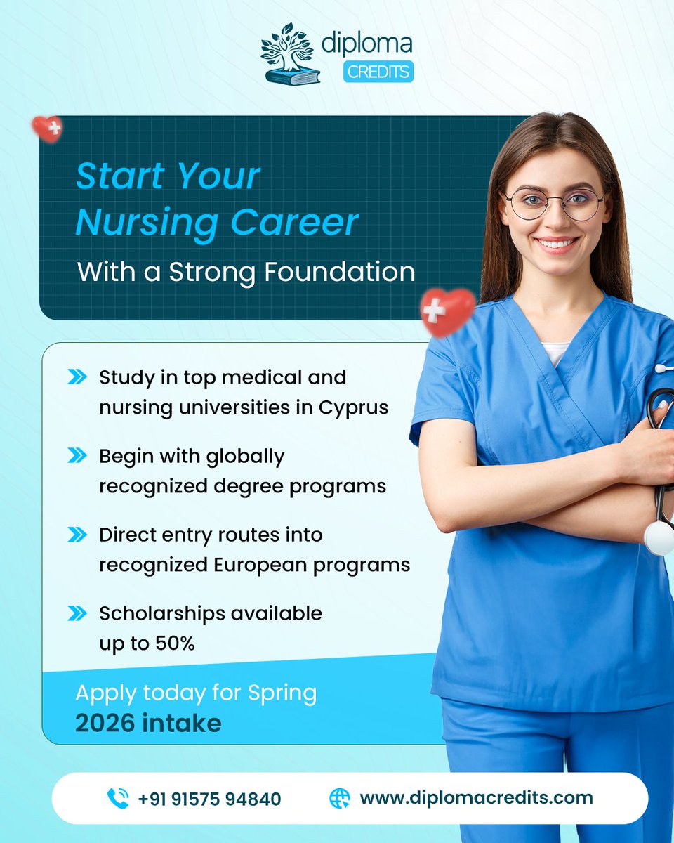 diplomacredits's tweet image. Planning a nursing career abroad? 🩺

Cyprus offers recognized programs and European pathways. Start journey with guidance from @diplomacredits.

Spring 2026 intake open.

#springintake #diplomacredits #education #cyprus #studyincyprus #europe #highereducation #careerinnursing