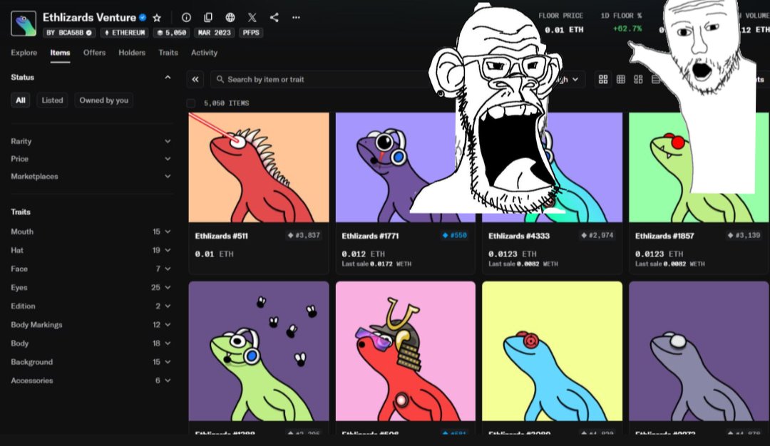 Eliph_Liztator's tweet image. OMG it's happening, Ethlizards best performing asset of 2026.

+62% on the daily.

Flipping BAYC is inevitable at this rate, get in while you can afford it anon.
I heard Vitalik is changing his pfp again soon.