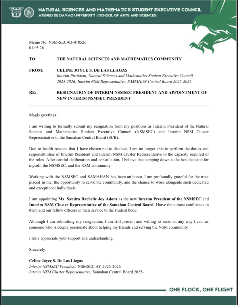 AdDU_NSMSEC's tweet photo. 𝐌𝐄𝐌𝐎 | 𝐌𝐞𝐦𝐨 𝐍𝐨. 𝐍𝐒𝐌-𝐒𝐄𝐂-𝟎𝟑-𝟎𝟏𝟎𝟓𝟐𝟔
RE: RESIGNATION OF INTERIM NSMSEC PRESIDENT AND APPOINTMENT OF NEW INTERIM NSMSEC PRESIDENT

𝘍𝘰𝘳 𝘦𝘷𝘦𝘳𝘺𝘰𝘯𝘦’𝘴 𝘪𝘯𝘧𝘰𝘳𝘮𝘢𝘵𝘪𝘰𝘯 𝘢𝘯𝘥 𝘧𝘰𝘳 𝘸𝘪𝘥𝘦𝘴𝘵 𝘥𝘪𝘴𝘴𝘦𝘮𝘪𝘯𝘢𝘵𝘪𝘰𝘯.
𝐴𝑀𝐷𝐺+ https://t.co/NBrpNM50cI