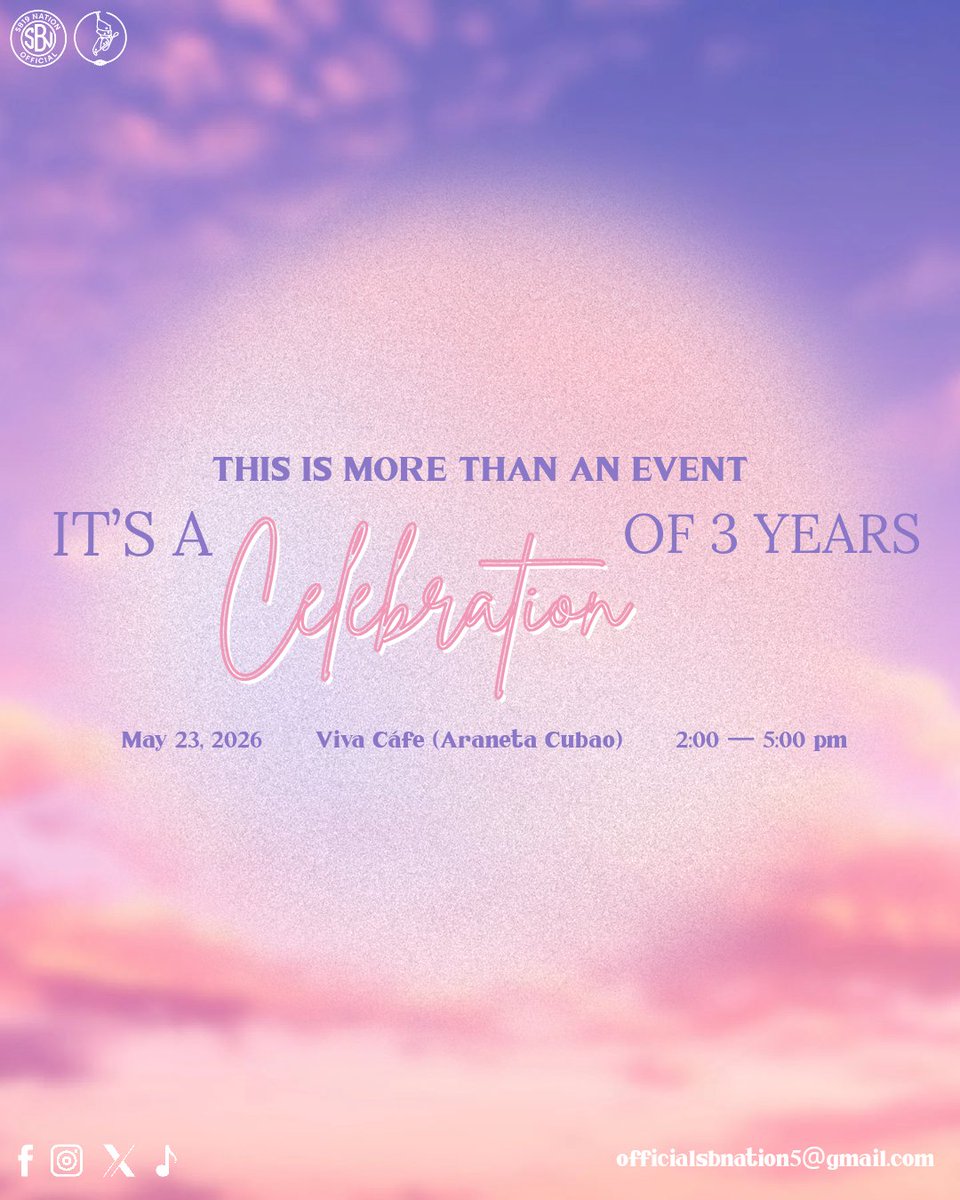 SB19 Nation Official × YARA-Cocoons Anniversary Collaboration ✨

🗓 May 23, 2026
⏰ 2:00 – 5:00 PM
📍 Viva Café, Araneta Cubao
⭐ With Special Guest!

(REGISTRATION IS NOW OPEN)
🔗 forms.gle/d9ei32bRf85H2G…

Limited slots only. See you there! 🦋
#SB19NationOfficial #YARA_Cocoons