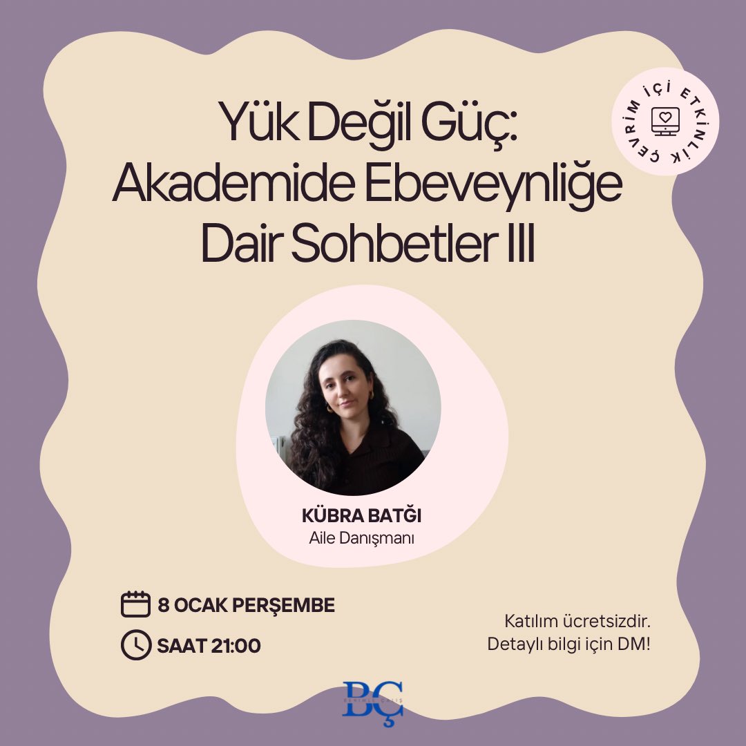 Merhabalar herkese, 8 Ocak Perşembe günü saat 21.00’de akademi ve ebeveynliğin iç içe geçmiş dinamiklerine birlikte bakacağız. Desteğe, sohbete ve güçlenmeye ihtiyacı olan herkesi bekliyoruz🫂🤍