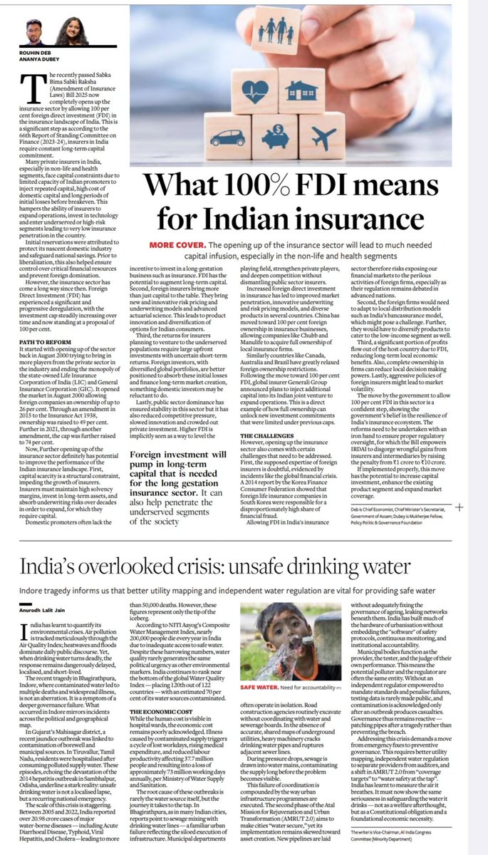 1. What 100% FDI means for Indian Insurance? 

#UPSC 

2. India's overlooked Crisis : Unsafe drinking water. #Indorewatertragedy