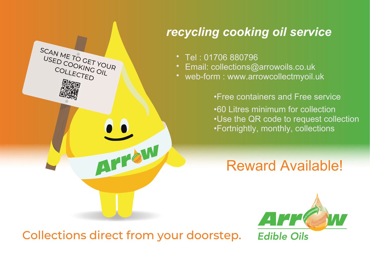 Happy New Year! Need your used cooking oil collecting?

Fill out our form for FREE collections here (min 60 litres) arrowcollectmyoil.uk