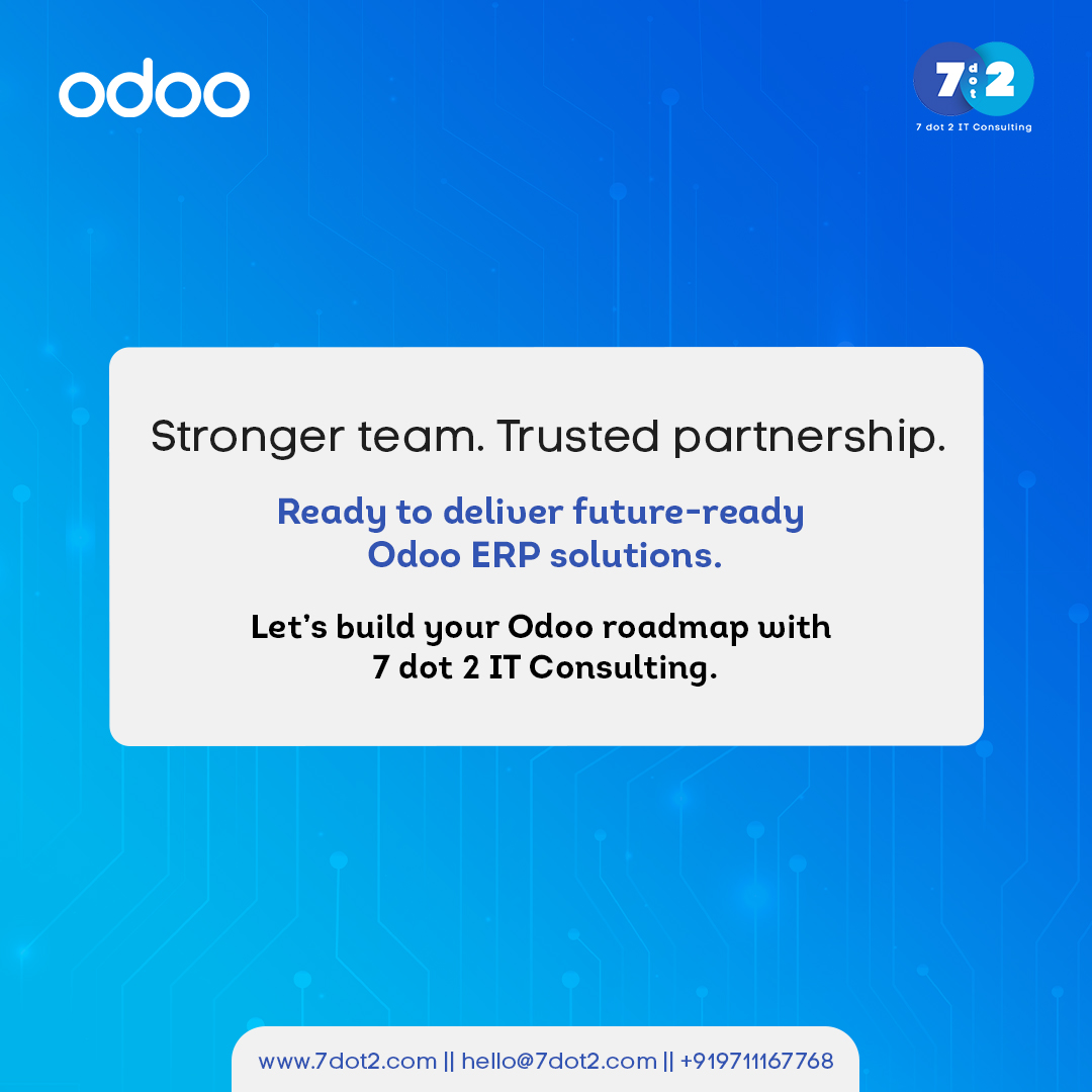 7dot2it's tweet photo. We’re strengthening our commitment to delivering smarter, scalable ERP solutions.
Contact us today to get started with Odoo ERP - implemented by certified experts.
#7dot2ITConsulting #OdooERP #OdooV18FunctionalCertification #ERPSolution #Certification #Partnership #Achievement https://t.co/ertehg5quX