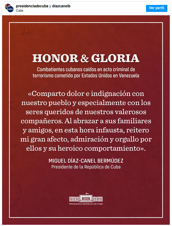 ConsVEBarcelona's tweet photo. 📢 Venezuela y Cuba rinden homenaje a los 32 combatientes cubanos que ofrendaron su vida cumpliendo su deber, en el marco de misiones de cooperación y defensa, como consecuencia del infame ataque del Gobierno de EE.UU. contra territorio venezolano en la madrugada del 3 de enero. https://t.co/fondxewmwQ