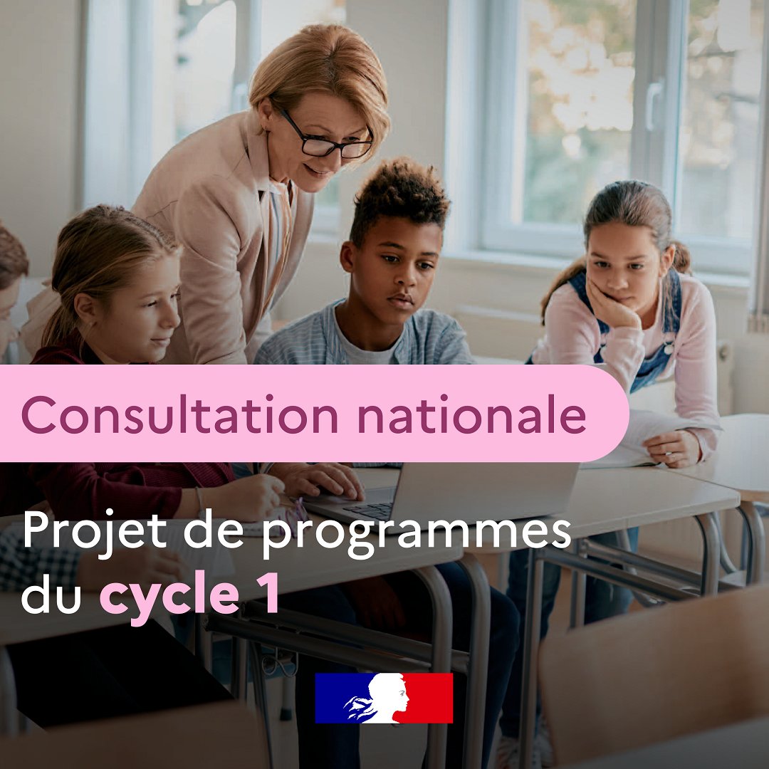 📢 Ouverture de la consultation nationale sur le projet de programmes du cycle 1 🗓 Du 5 au 23 janvier 2026

Approche générale, contenus d’enseignement, mise en œuvre en classe : formulez vos avis et suggestions sur le projet de programmes ⤵

eduscol.education.fr/4225/consultat…