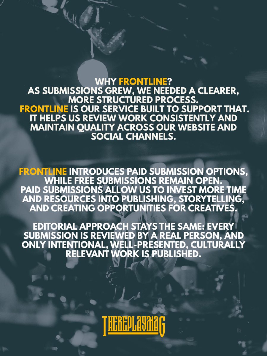 TheReplayMAG's tweet photo. We’re live with FRONTLINE – TheReplayMAG’s submission service for creatives.

Free &amp; paid submissions open January 5. Every submission reviewed by a real person. Only intentional, culturally relevant work is published.

Learn more here → https://t.co/XNSDxvWVGQ https://t.co/aUHEFse6pr