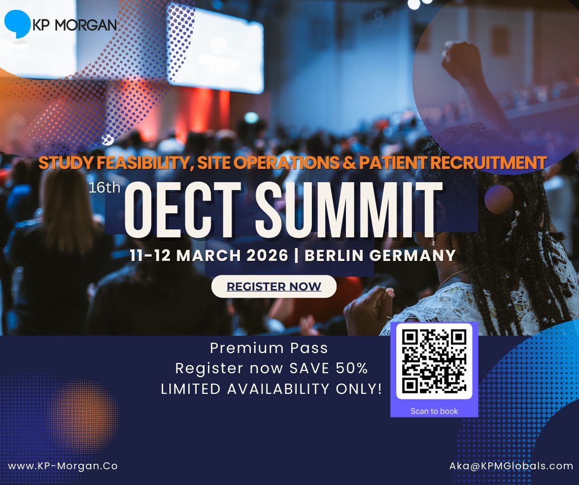 KPMGLOBALS's tweet photo. Join global #clinicalresearch leaders at the 16th OECT Summit -Study Feasibility,Site Operations &amp; #Patient Recruitment, taking place 11–12 March 2026 in Berlin, to drive smarter, faster, and more #patientcentric #clinicaltrials #oectkpm #conference #pharma #healthcare #Ai https://t.co/T87QwUkGmz