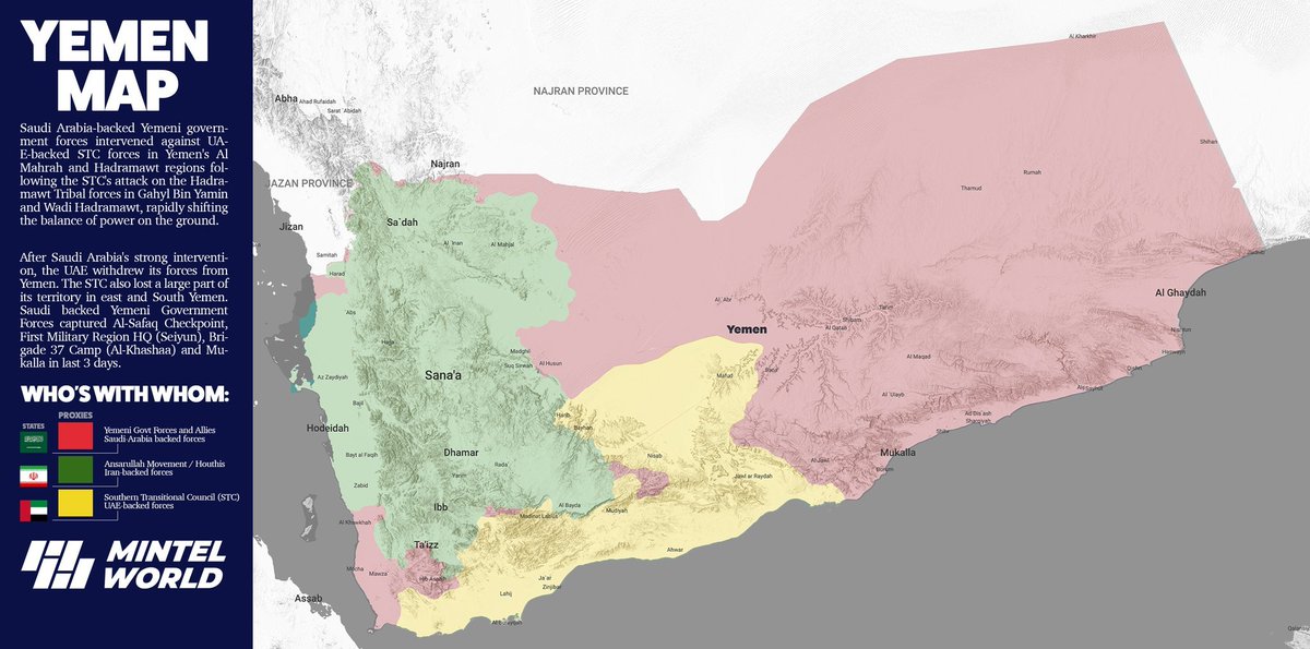 📍 Yemen'de son durum haritası.

🟥 Suudi Arabistan destekli Yemen hükümeti
🟨 BAE destekli Güney Geçiş Konseyi
🟩 İran destekli Husi yönetimi