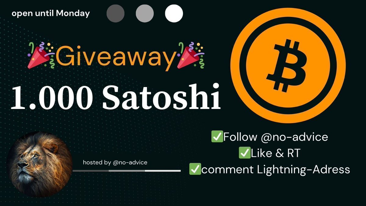 🚀 1000 SATS GIVEAWAY 🚀

To celebrate the hyper-volatile markets of 2025, I’m giving away 1000 satoshis ⚡️

How to enter:
1️⃣ Follow
2️⃣ Retweet
3️⃣ Comment with your Lightning address

Winner will be picked this weekend and paid instantly over Lightning ⚡️⚡️

Good Luck