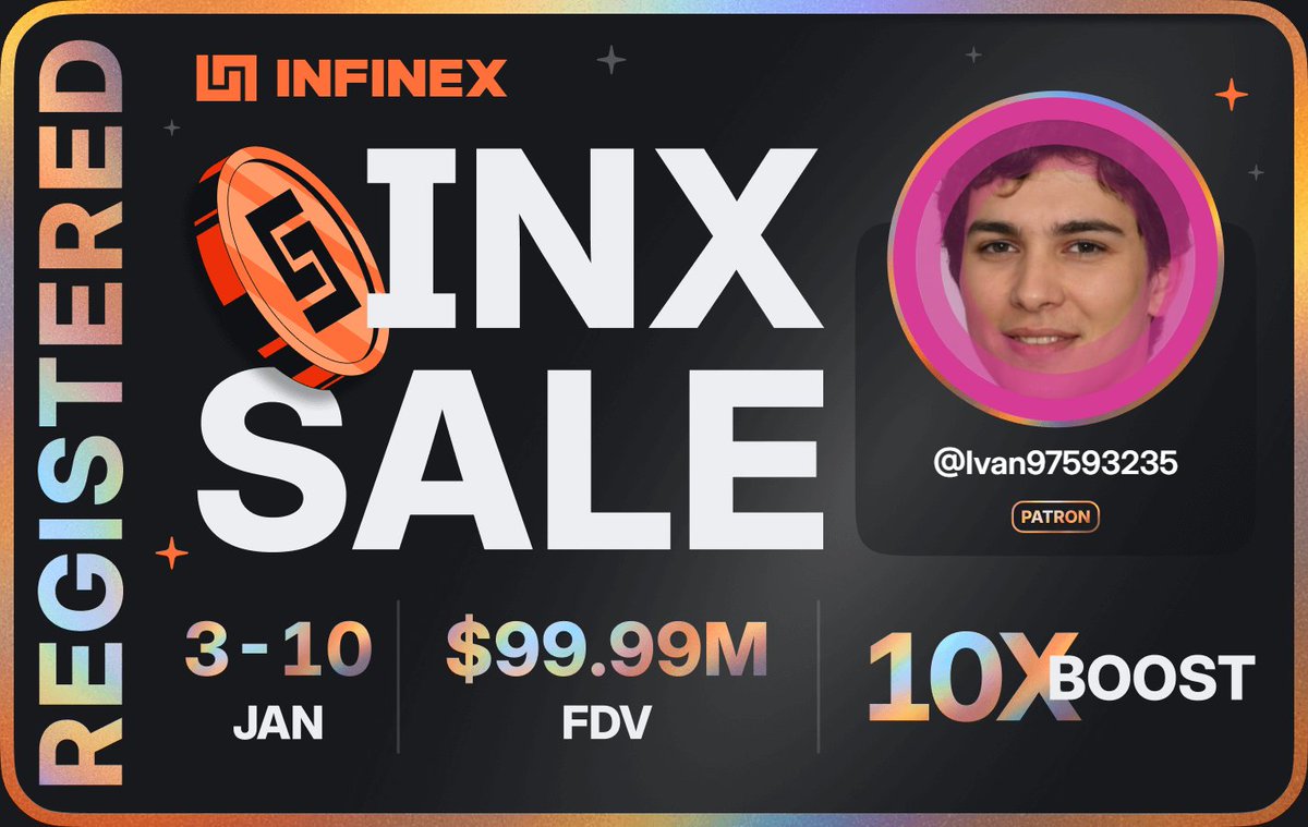 Ivan97593235's tweet photo. I'm registered for the @infinex sale - $99.99M FDV, 3-10 Jan, 2026 https://t.co/Dezw43cmWj