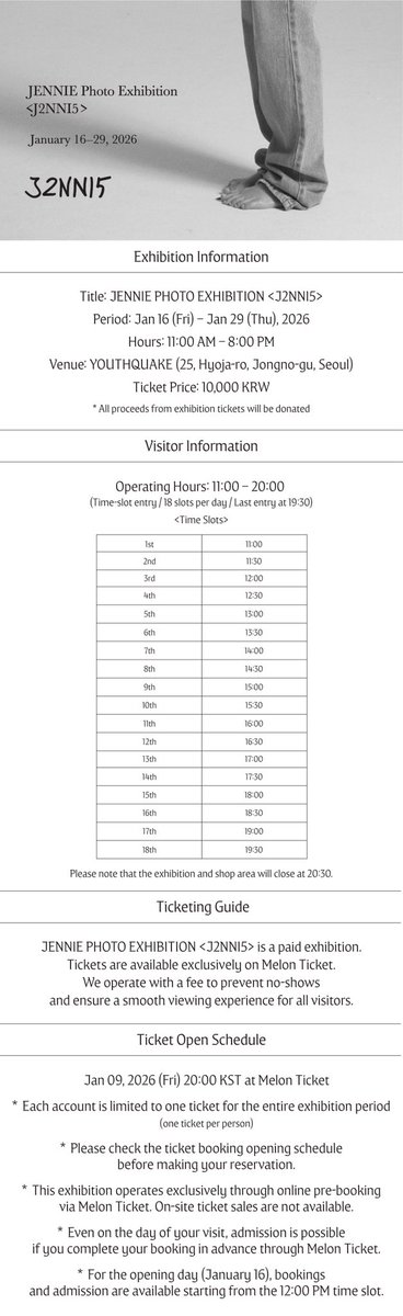 oddatelier's tweet image. JENNIE Photo Exhibition &amp;lt;J2NNI5&amp;gt; 예매 및 관람 안내

- 기간 : 2026.1.16(금) ~ 2026.1.29(목)
- 시간 : 11am- 8pm (KST)
- 장소 : YOUTHQUAKE (서울 종로구 효자로 25)
- 티켓 : 10,000KRW
- 티켓 예매처 : 멜론티켓 (ticket.melon.com/csoon/detail.h…)
- 티켓 오픈일 : 2026.1.9(금) 8pm(KST)

____…