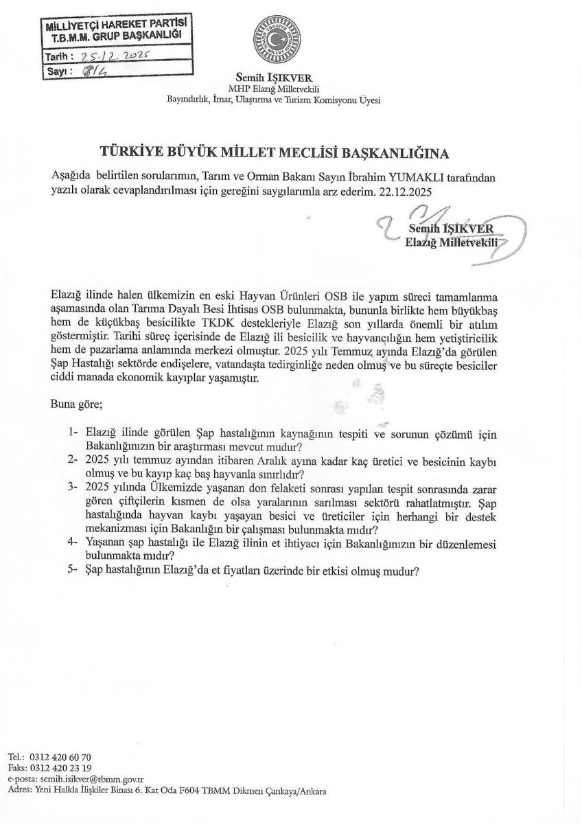 Bölgemiz hayvancılığını olumsuz etkileyen şap hastalığının etkileri ile alakalı sorularımızı önerge halinde, Tarım ve Orman Bakanı Sayın İbrahim Yumaklı tarafından cevaplandırılmak üzere TBMM Başkanlığına sunduk..

#Şap
#Elazığ