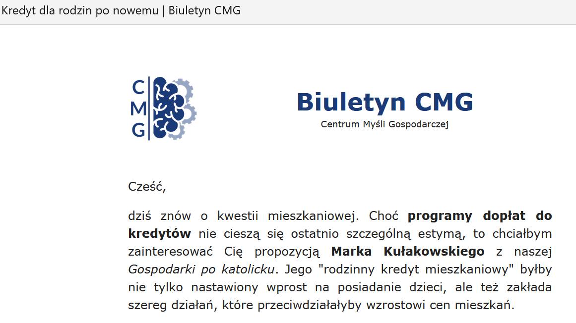 📪Kolejne wydanie Biuletynu CMG właśnie rozesłane do subskrybentów. Dziś piszemy o sprawach mieszkaniowych, którym poświęcaliśmy ostatnio sporo uwagi.
📨Otrzymuj nasze materiały bezpośrednio na skrzynkę e-mail i nie przegap kolejnych treści! Zapis na: cmg.org.pl/newsletter