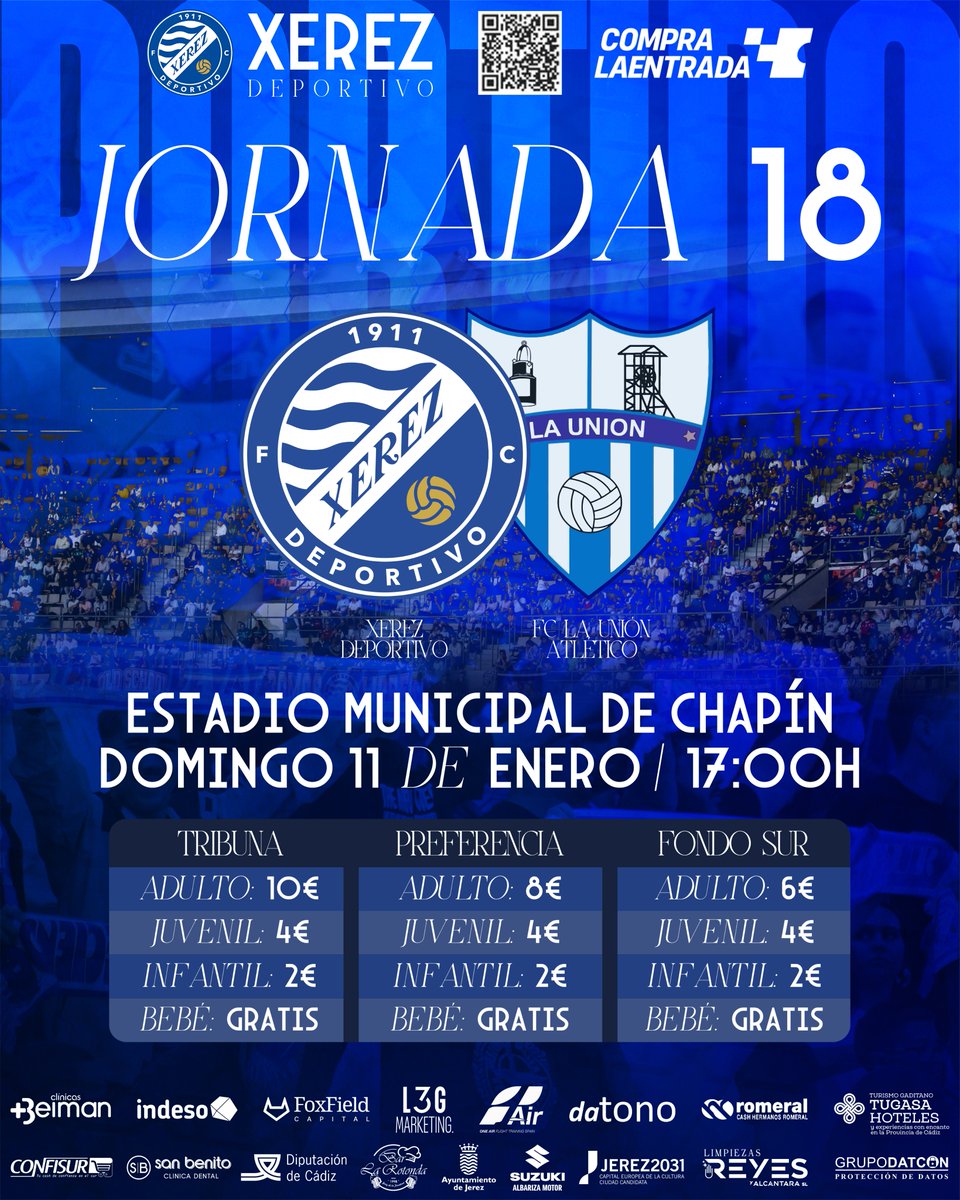 XerezDFC's tweet image. CARTEL 🔵 | #XerezDeportivoLaUnión

🏆 Jornada 18 Segunda Federación
🗓️ Domingo 11 de enero
🕧 17:00H
🆚 FC La Unión Atlético
 🏟️Chapín

🎟️ Venta online en @Compralaentrada ➡️ xerezdfc.compralaentrada.com/eventos/