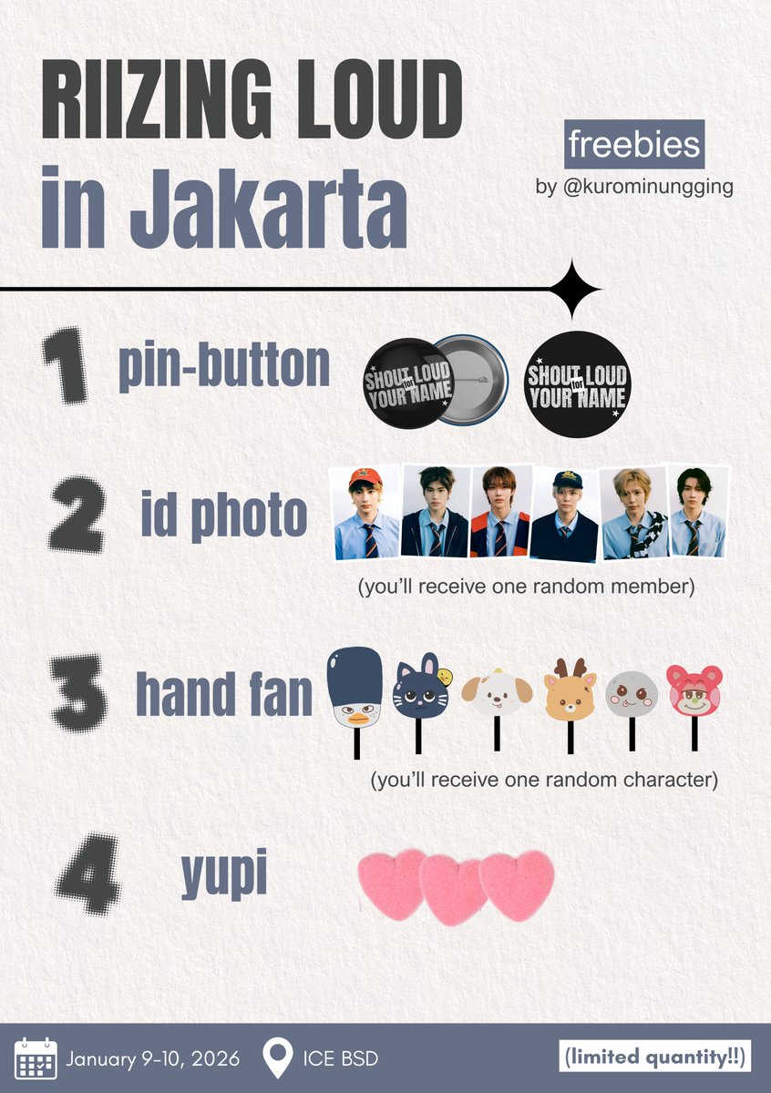 [rt &amp; like are appreciated]

⊹ ࣪ ˖ riizing loud in jakarta freebies by <a href="/kurominungging/">𝐮𝐦𝐢✮🍒ྀིྀི꩜ .ᐟ (kinda ia + super slowresp)</a> ⊹ ࣪ ˖

📅 January 9-10, 2026
📍 ICE BSD
⏰ TBA

⊹ ࣪ ˖ very limited qty!
⊹ ࣪ ˖ for trade please DM 💌

see you there, briize! 🤍

#RIIZINGLOUD_IN_JAKARTA