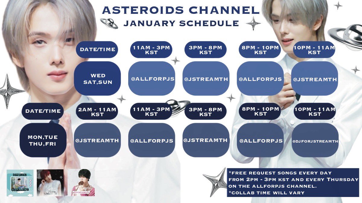 JStream_TH's tweet image. 🗓️JANUARY SCHEDULE FOR #JISUNG

ตารางการเปิดห้องสตรีมของเดือนมกราคมนะคะ หากมีการเปลี่ยนแปลงจะรีบแจ้งให้ทราบที่หน้าไทม์ไลน์ค่ะ🤍

🪐 stationhead.com/jstreamth
🪐 stationhead.com/allforpjs
🪐 stationhead.com/djforjstreamth
🪐 stationhead.com/c/asteroids

#สตรีมนี้เพื่อจีซอง #AsteroidsAssemble