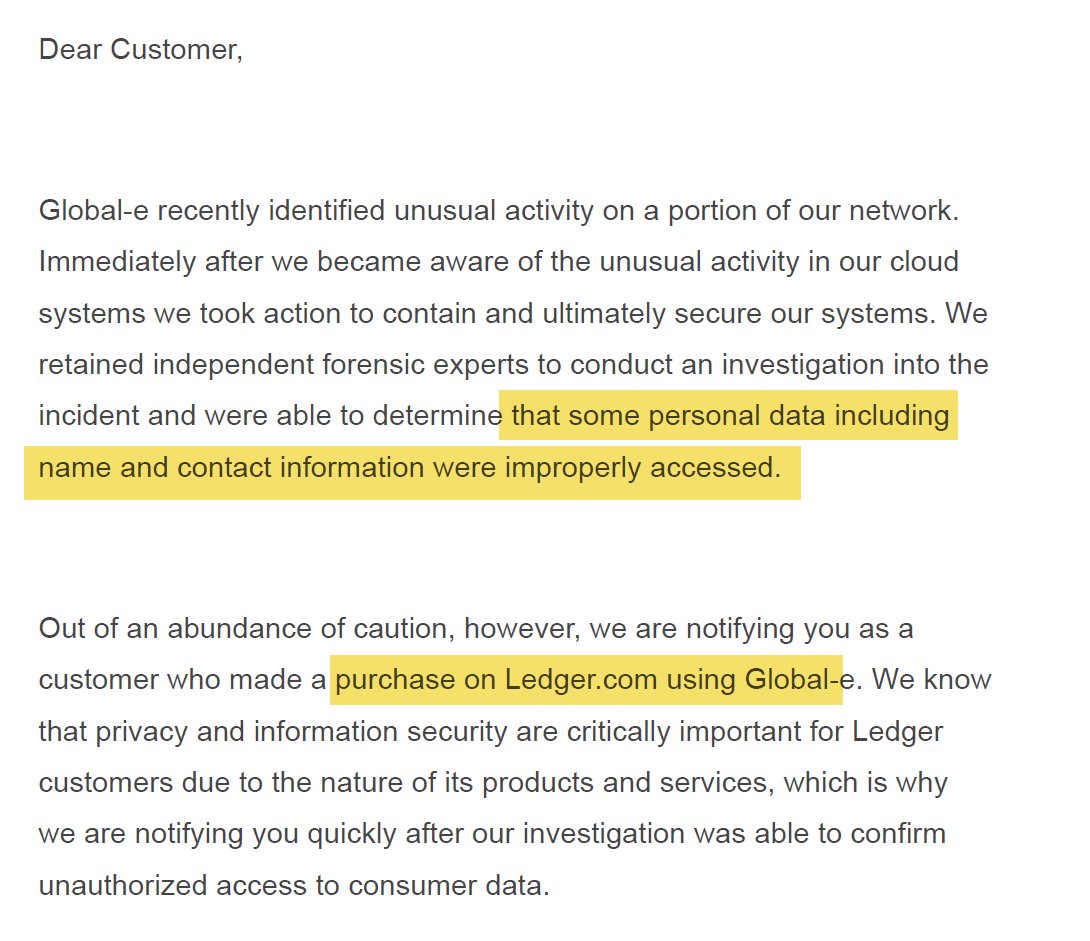 pcaversaccio's tweet image. so Ledger's payment processor Global-e got breached and name &amp;amp; contact information were leaked (none of the payment information fortunately but it doesn't make it better). This is all fucking insane - everything you do online will be fucking leaked one day, so don't use your real