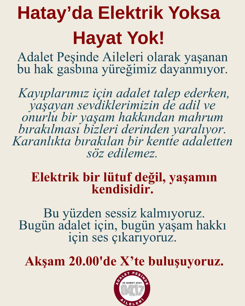 Hatay’da konteynerde yaşayan binlerce insan karanlıkta, soğukta yaşamaya zorlanıyor.
Elektrik kesintileri saatler değil, günler sürüyor.

Konteynerde elektrik lüks değil, hayatta kalma meselesidir.

📍 Hatay Kadın Dayanışması Topluluğu’nun çağrısıyla
🕗 5 Ocak Pazartesi – 20.00