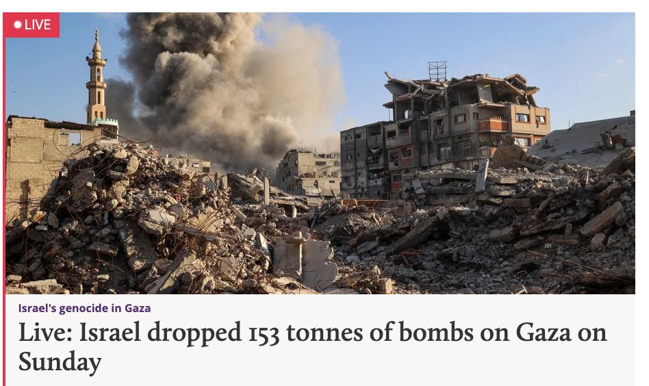 SpectateursFr's tweet image. 🔴ALERTE INFO

🔴FLASH🇵🇸🇮🇱 Hier, dimanche 4 janvier, l’armée israélienne a largué 153 tonnes de bombes sur Gaza, rompant une nouvelle fois le cessez-le-feu pour la 194ᵉ fois depuis son entrée en vigueur.