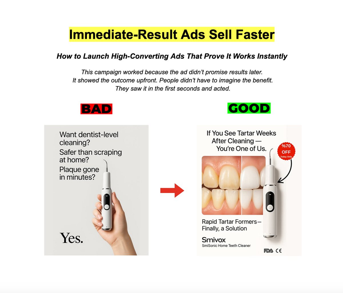 HenryCrochemore's tweet image. $500k+ ad accounts stop explaining and start showing

the left ad asks questions
the right ad proves the result instantly

→ no promises
→ no waiting period
→ no imagination required

people don’t buy “features” they buy certainty

show the outcome in the first second and you…
