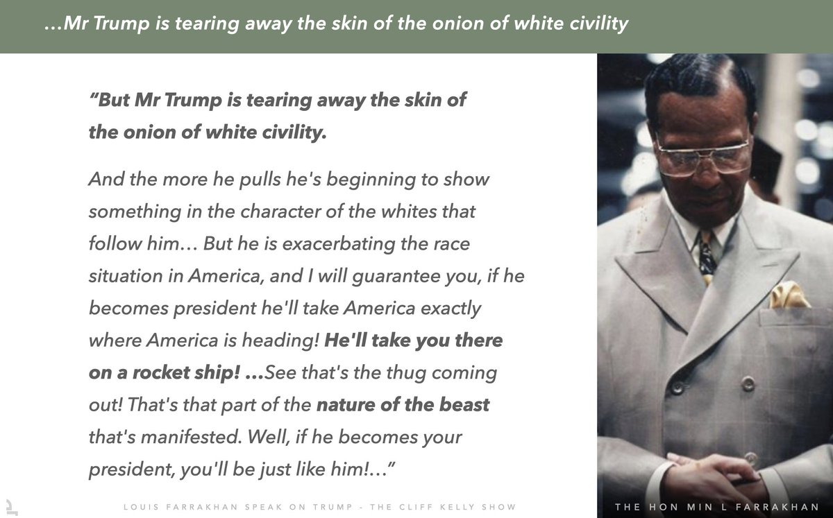 Mr Trump is tearing away the skin of the onion of white civility. 

The Hon Min L Farrakhan

#Trump #Zionist #Colonizer #WhiteSupermacy #Beast  #Venezuela #Blackcaucus #JasmineCrockett  #PalestineGenocide #Nigeria #CandaceOwens #Iran #Satan  #Africa #AFCON #Black #Blackhistory