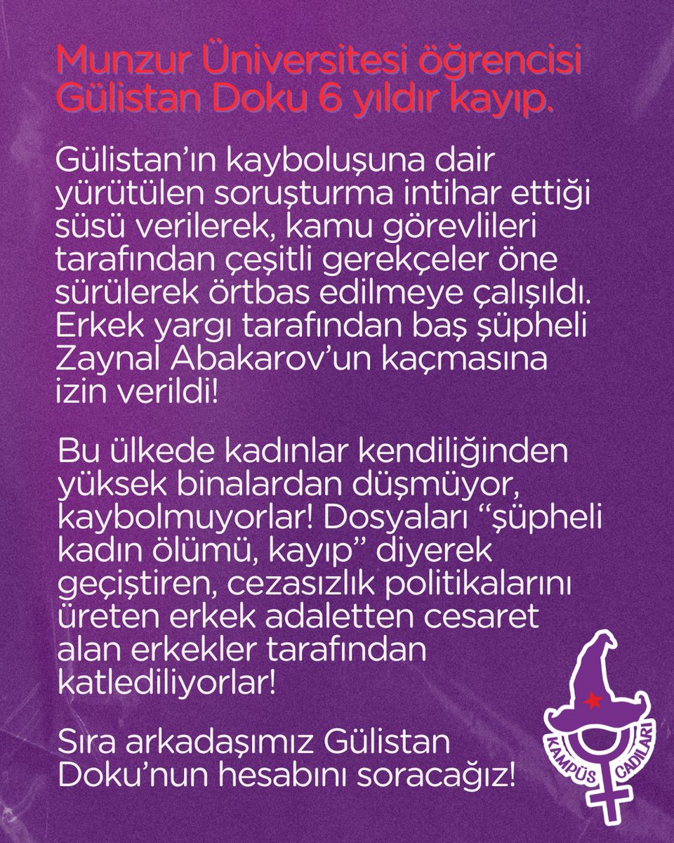 Munzur Üniversitesi öğrencisi #GülistanDoku 6 yıldır kayıp!

6 yıldır “Gülistan Doku nerede?” diye sormaktan, Gülistan’dan vazgeçmedik! Gülistan’ın hesabını faillerinden ve onları koruyan erkek adaletten soracağız!

Gülistan li kû ye? 

#Gülistansız6Yıl #GülistanDokuNerede