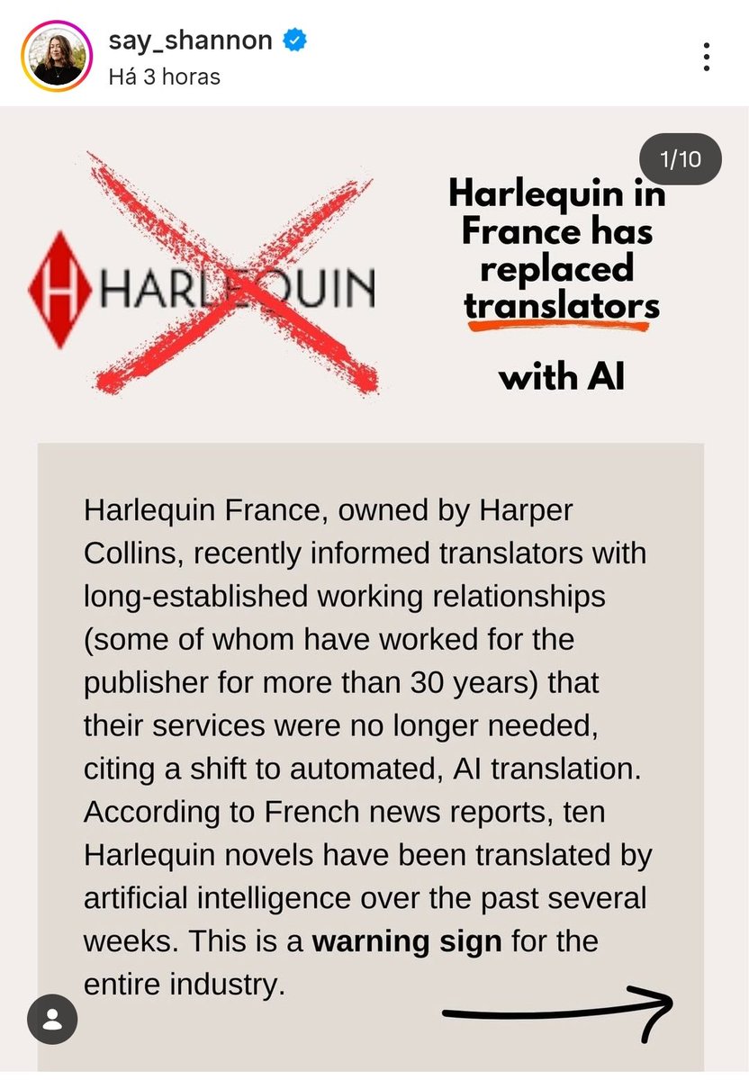 Assunto sério: A Samantha Shannon fez uma denúncia no Instagram sobre a Harlequin Francesa (selo da Harper Collins) estar substituindo tradutores por Inteligencia Artificial. 

É importante que a gente não se cale perante essa prática. Como aqui no Brasil as editoras já tem usado