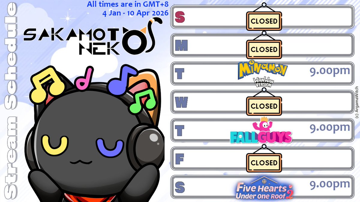 1st stream schedule for 2026! (though a little late lol)

This week, we're gonna try out a Minamon, a mod of a popular monster tamer game, the usual weekly Fall Guys and also Five Hearts Under One Roof season 2!