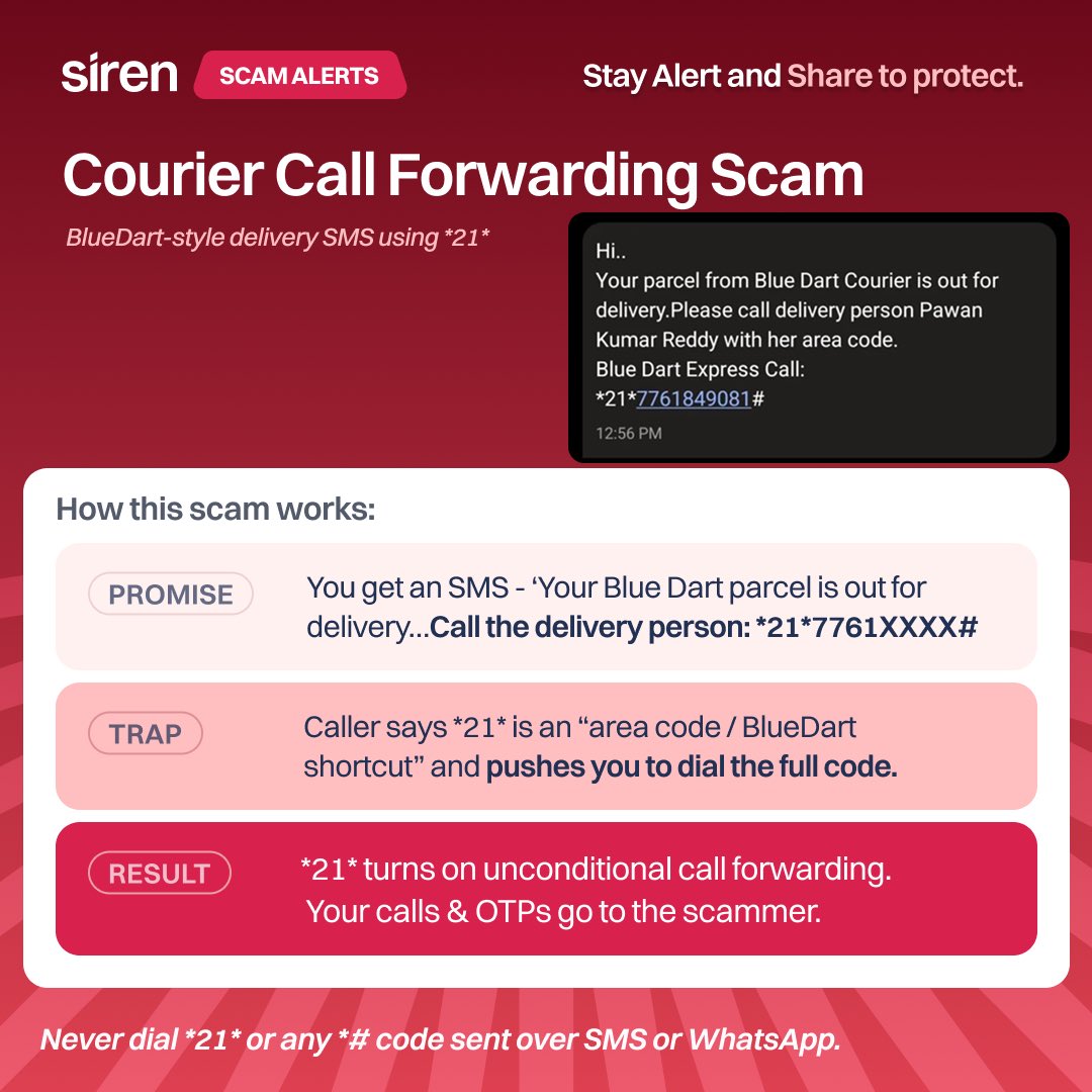 🚨New courier scam using *21*

We’re building Siren to catch risky numbers, links, apps and call-forwarding tricks before they hurt you or your family.

🔐 Get early access:
joinsiren.com
 – sign up and share this in your family groups