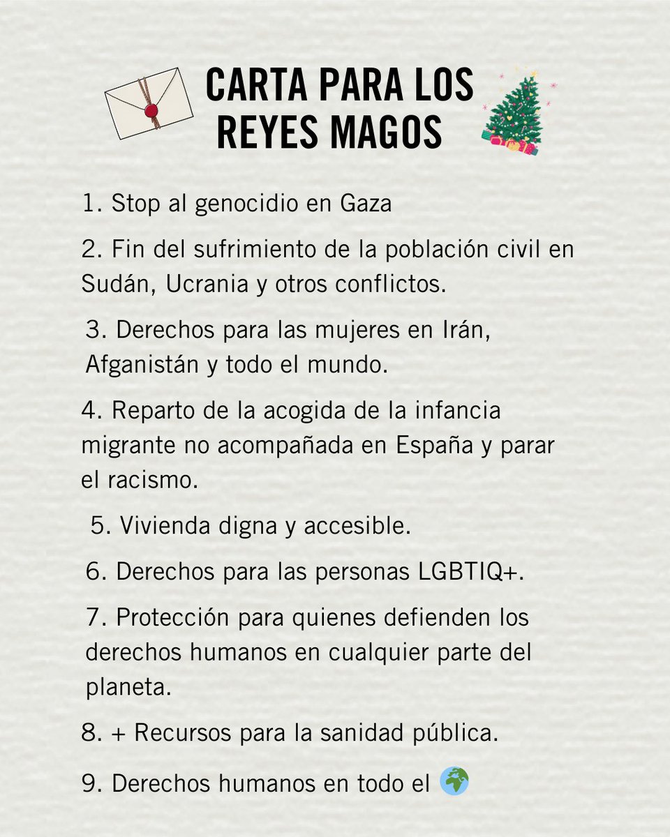 amnistiaespana's tweet image. Ahí va nuestra carta para los reyes magos. No son todos los que están, ni están todos los que son.
¿Cuál es tu regalo más esperado?

Feliz mágica noche 💫
