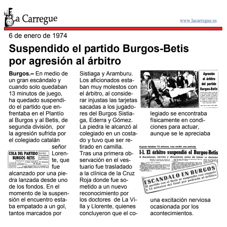 Noticias de enero de 1974. Suspendido el partido Burgos-Betis por agresión al árbitro