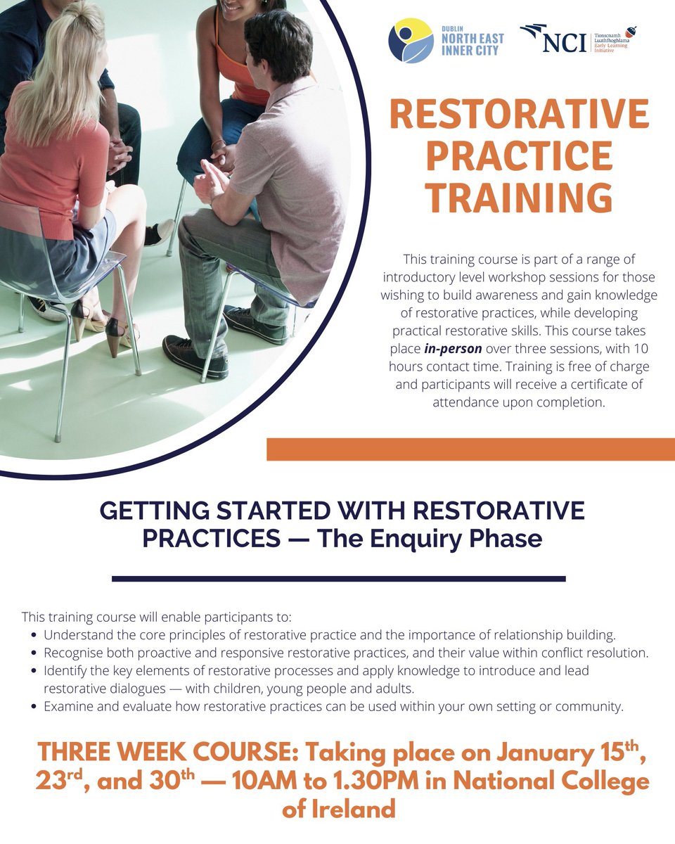 ELI_Docklands's tweet image. What are your plans for learning and development in the @NEIC_Dublin in 2026? 

We have some fantastic #RestorativePractice courses to build #relationshipbuilding skills, first up is our introductory course! Contact Emma emma.wheatley@ncirl.ie for more details or to register.