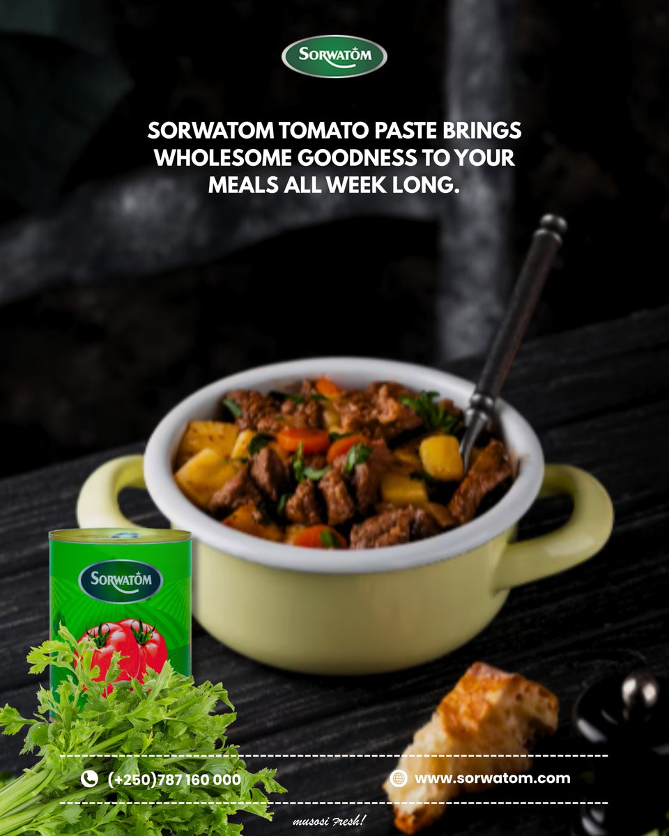 sorwatom_rw's tweet photo. As this new week unfolds, give your dishes a touch of magic they deserve! Sorwatom Paste is made from 100% natural tomatoes, double concentrated for rich flavour and packed with lycopene plus Vitamins A &amp; C. It’s the secret to colourful, delicious meals full of healthy nutrients. https://t.co/YhdeFiUoLF