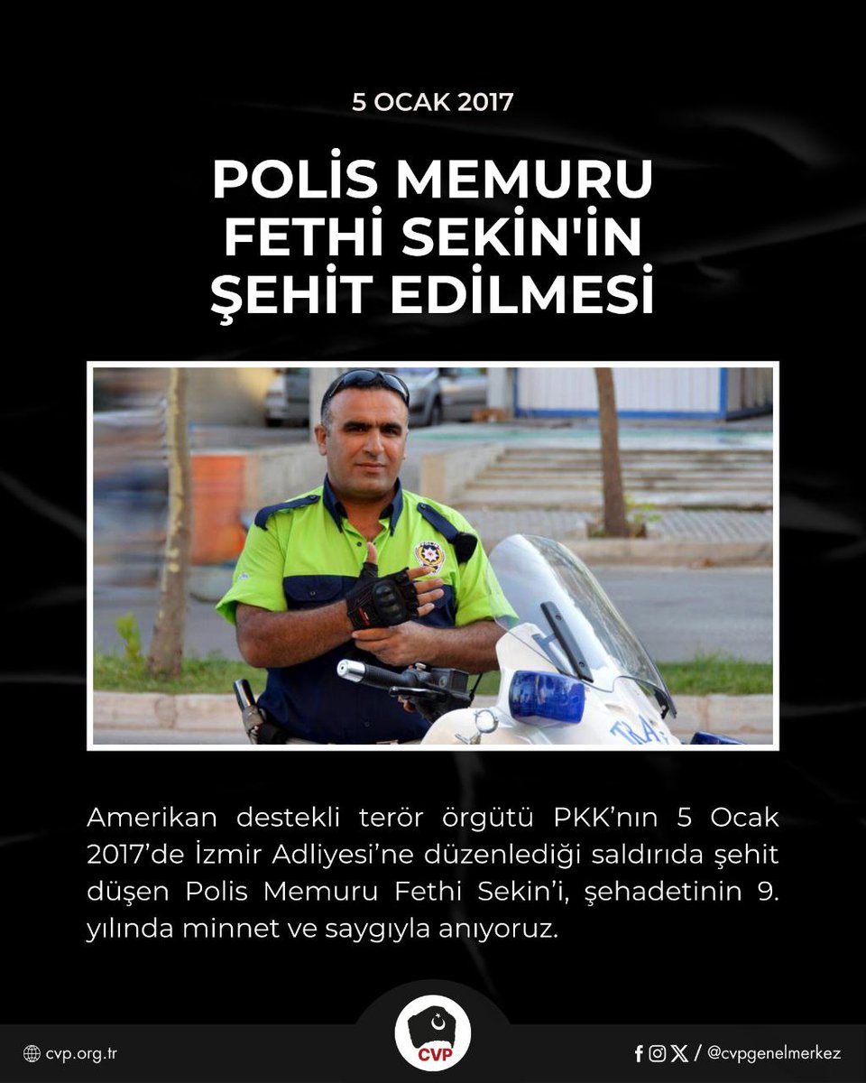 CVPBURSA's tweet photo. POLİS MEMURU FETHİ SEKİN’İN ŞEHİT EDİLMESİ | 5 OCAK 2017

Amerikan destekli terör örgütü PKK’nın 5 Ocak 2017’de İzmir Adliyesi’ne düzenlediği saldırıda şehit düşen Polis Memuru Fethi Sekin’i, şehadetinin 9. yılında minnet ve saygıyla anıyoruz.

Fethi Sekin’in durduğu yer, teslimiyetin değil direnişin adresidir.

Türk Milleti, Fethi Sekin’in son mermisine kadar çatışarak geçit vermediği terör örgütüyle bugün yürütülen pazarlığı ve ihaneti açıkça görmektedir.

Şehitlere borcumuzu unutmadan onların kahraman ruhuyla yola devam edecek ve hain planlarını başlarına yıkacağız.

HainsizTürkiye
HalktanGelecekBirCeVaPVar