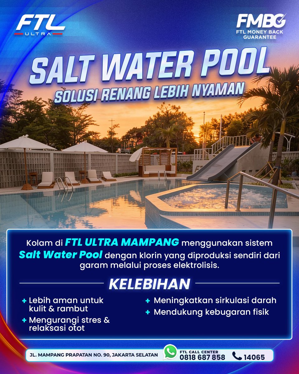 Di FTL Ultra Mampang, kolam renang kami menggunakan sistem Salt Water Pool yang dimana klorin diproduksi secara alami dari garam melalui proses elektrolisis, sehingga air terasa lebih lembut dan bersih.

Lebih aman untuk kulit dan rambut, membantu relaksasi otot, serta tetap
