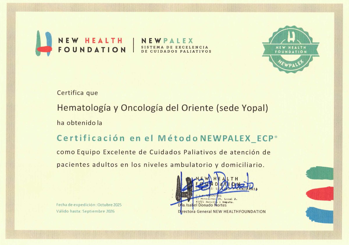 Hoy felicitamos a Hematología y Oncología del Oriente por la reciente obtención del Certificado NEWPALEX como Equipos Excelentes de Cuidados Paliativos en sus sedes de Villavicencio y Yopal en los niveles ambulatorio y domiciliario conforme al método NEWPALEX.
#NEWPALEX #colombia