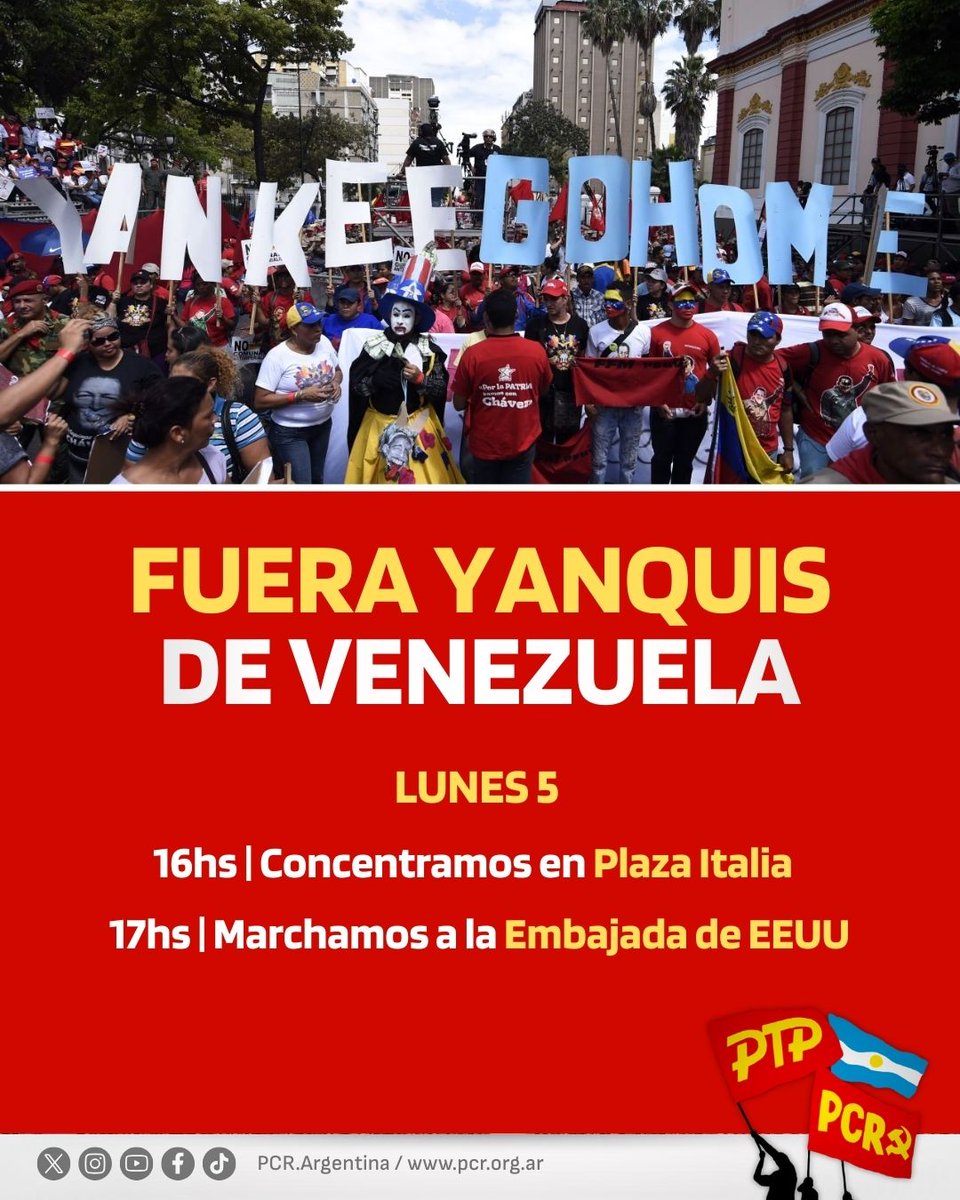 Para repudiar la brutal  intervención yanqui, nos encontramos en las calles en solidaridad con el pueblo y  la hermana República Bolivariana de Venezuela.
 
Lunes 5
🕓16hs: Concentramos en Plaza Italia

🕔17 hs: Marchamos hacia la Embajada de EE.UU.