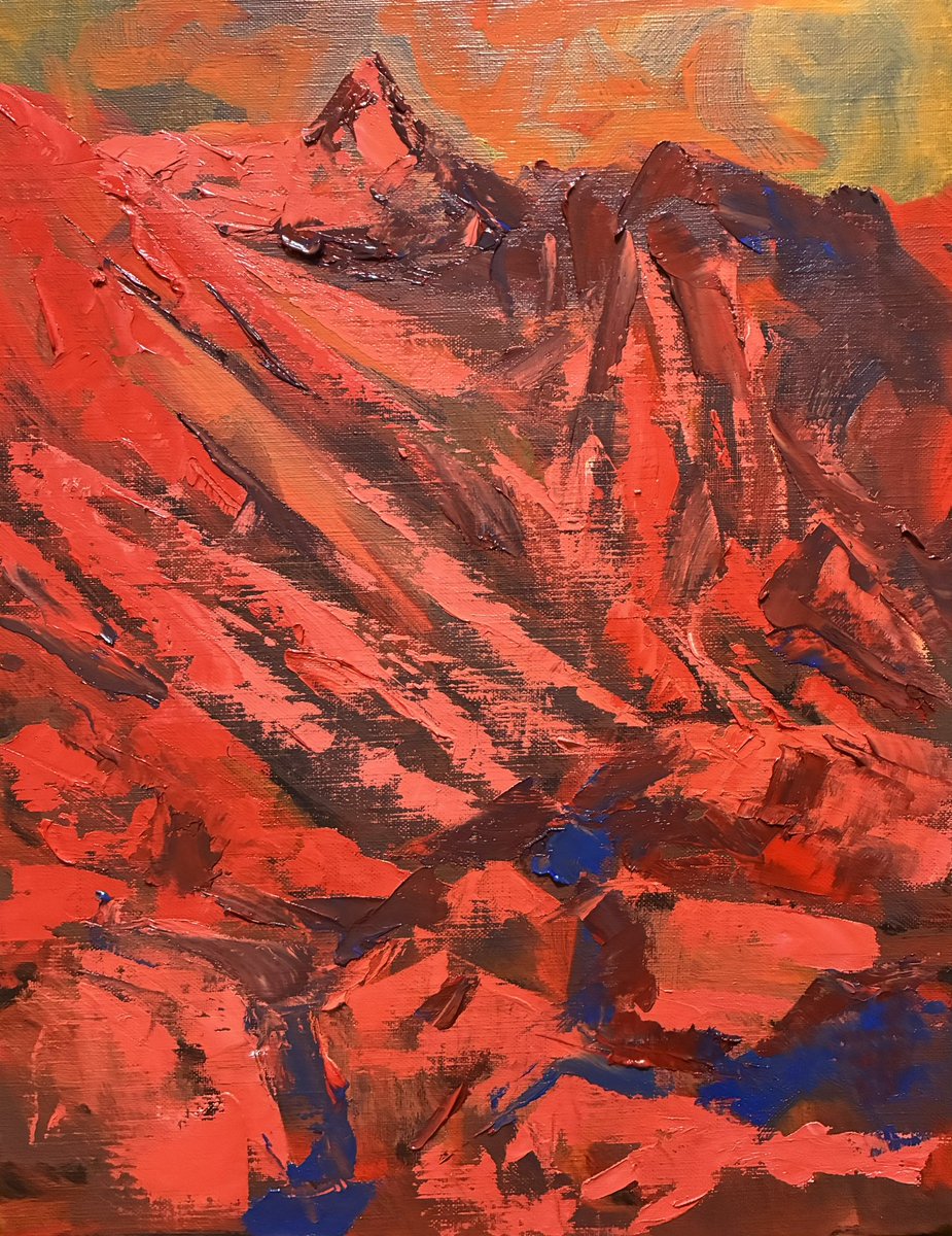 仰ぎ見る槍ヶ岳」 油彩 F6 描き始め 夏の天狗原より見上げる槍ヶ岳を