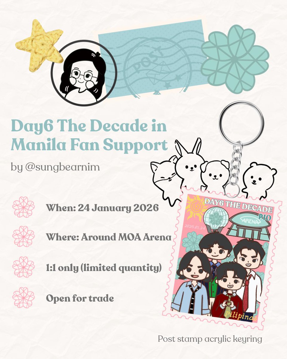 sungbearnim's tweet photo. DAY6 THE DECADE IN MNL
fan support by @sungbearnim 

𖦹 Will update my loc, but will prob be around MOA Arena or in a cafe
𖦹 Show this tweet to claim
𖦹 Like &amp; RT
𖦹 Limited quantity, strictly 1:1 
𖦹 Open for trades, reply or DM

#Day6 #TheDecade #TheDecadeInMNL #FanSupport https://t.co/tAaIJtZJHu