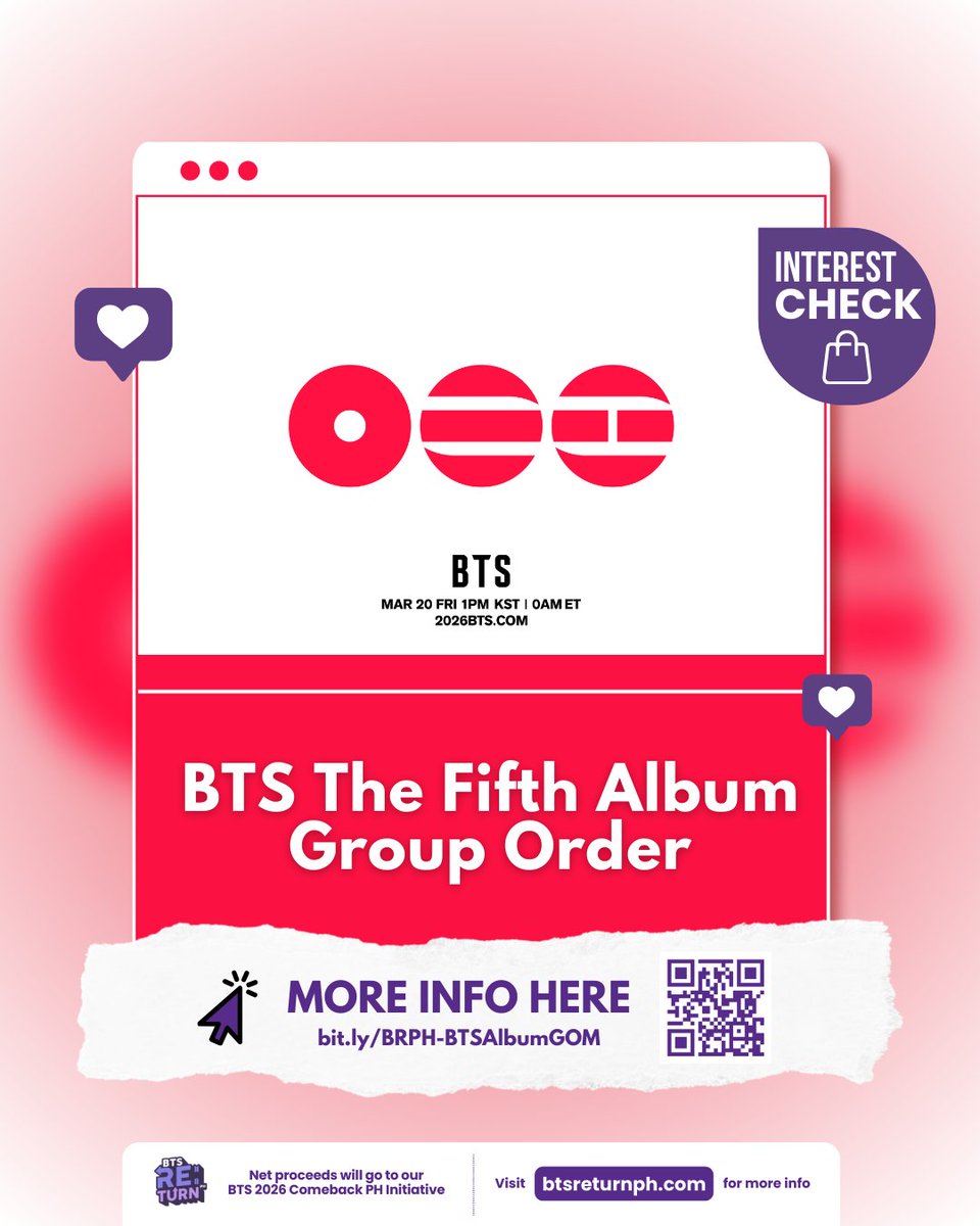 BTSstreamers's tweet image. PH ARMY, this is it. 📀💜
If you’re planning to buy the album, this is for you.

We’re opening the Interest Check for BTS The Fifth Album Group Order.
For only ₱200, you can reserve your slot early and be part of our comeback preparations.
Sign up here:
👉…