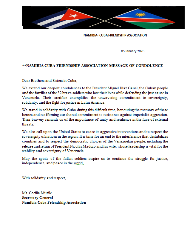 svigoa1's tweet photo. We appreciate the solidarity expressed by the Namibia-Cuba Friendship Association for the deaths in combat of the Cuban🇨🇺 fighters during the US aggression against #Venezuela🇻🇪. #HonorYGloria #HandsOffVenezuela @MinfarC @minint_cuba @CubaMINREX https://t.co/HjVCm8XmaK