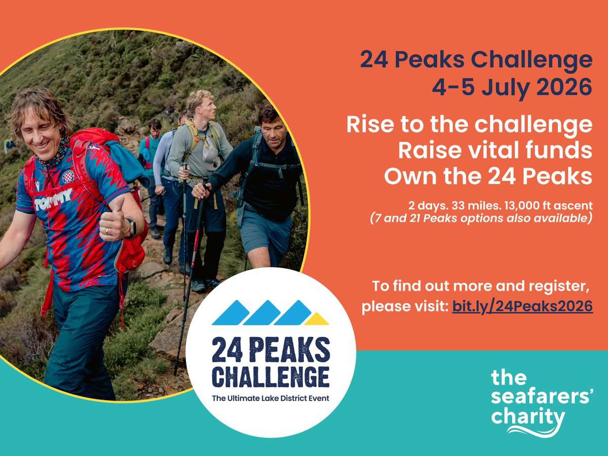 Seafarers_KGFS's tweet image. Dry Jan? Gym goals? Less time on your phone? 🤔

Make a 2026 resolution that matters! On 4–5 July, join our flagship event, the 24 Peaks Challenge 🏔️ 

33 miles, 13,000 ft ascent, 2 days of epic adventure across the Lake District for #seafarers. Sign up 👇
theseafarerscharity.org/events/24-peak…