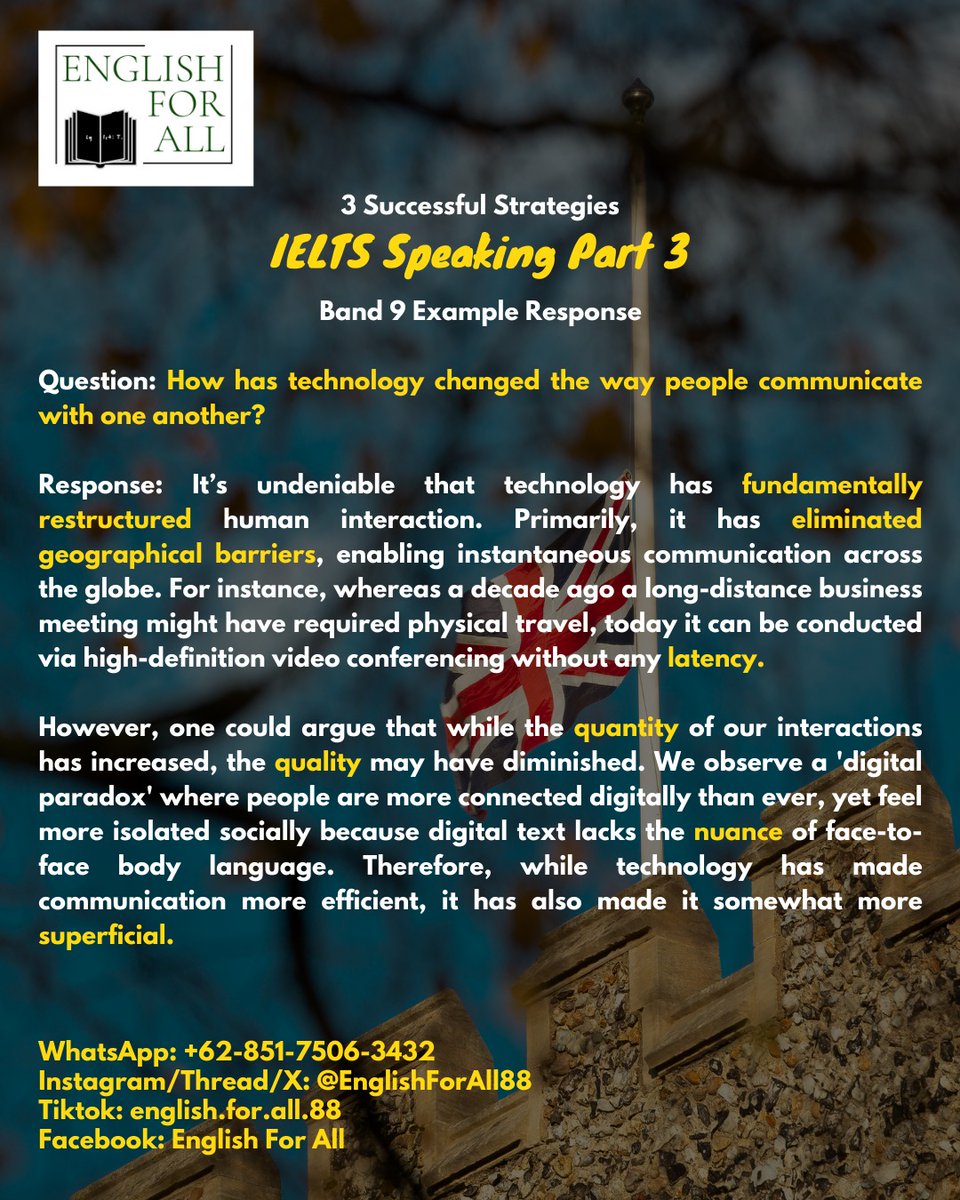In Part 3, the examiner is looking for your ability to analyze social  trends & abstract concepts. To succeed, you must move beyond personal  anecdotes & provide structured, well-reasoned arguments. #IELTS  #IELTSSpeaking #