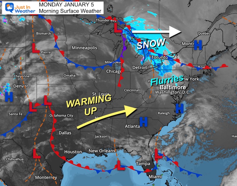 JustinWeather's tweet image. Good morning it's MONDAY January 5
😴 Welcome back to the regular work schedule. Please be kind to those of us tired from watching the game late last night and extra tired.
❄️ Spotty flurries possible today as warmer air tries to move in
🌡️ January Thaw arriving this week!
📊…